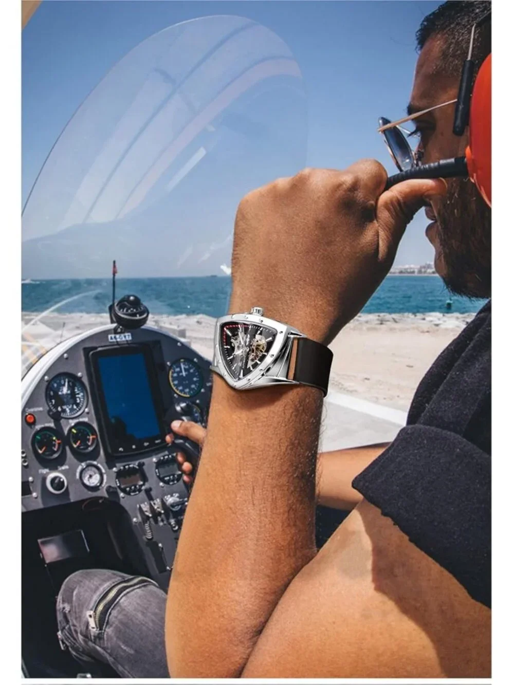 Men's Skeleton Automatic Watch, Luminous Triangle Dial, Stainless Steel or